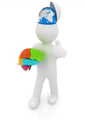 3d people - man with half head, brain and trumb up. Traveling co