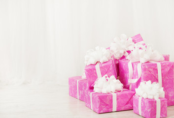 presents gift boxes, birthday in pink color for woman
