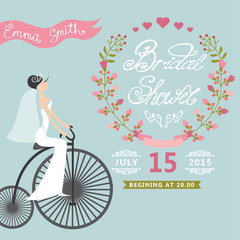 Bridal Shower.Vintage Wedding invitation with floral wreath,retr