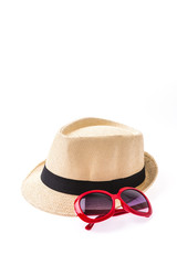 Hat , sunglasses isolated on white