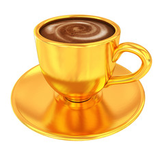 Gold coffee cup on saucer on a white background