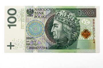 one hundred pln polish zloty banknote on white background