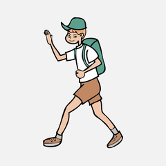 Boy with backpack and hat walking