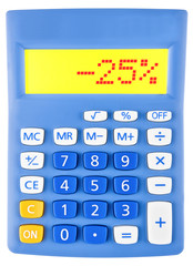 Calculator with -25% on display on white background