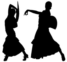 Two black silhouettes of female flamenco dancer