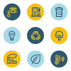 Ecology web icon set 1, blue and yellow circle buttons