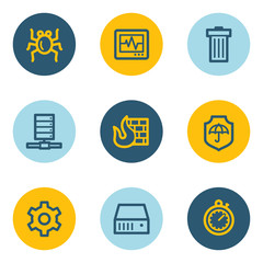 Internet security web icons , blue and yellow circle buttons