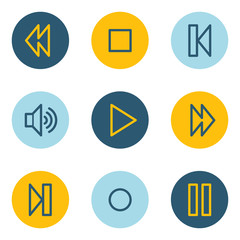 Media player web icons , blue and yellow circle buttons