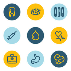 Medicine web icon set 1 , blue and yellow circle buttons