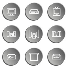 Audio video web icons, grey stickers set