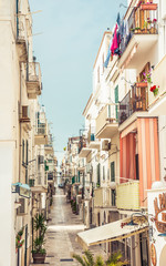 Vieste town typical narrow white streets, Apulia, Italy