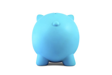 back side of Blue piggy bank isolated on white background.