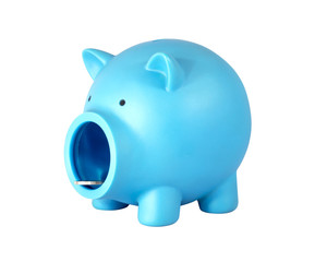 Blue piggy bank with coins isolated on white background.