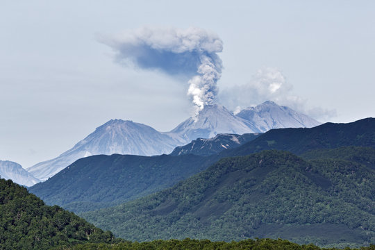 Eruption active Zhupanovsky Volcano on Kamchatka Peninsula