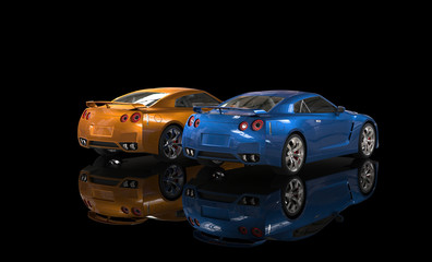 Blue and orange metallic cars on black background back shot