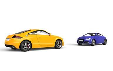Fototapeta na wymiar Yellow and purple cars - head to head