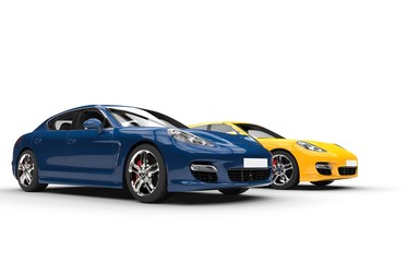 Fototapeta na wymiar Modern fast cars - blue and yellow, side angle view