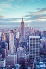 Foto op Plexiglas De skyline van New York City onder een pastelkleurige avondlucht © littleny