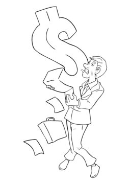 Cartoon of businessman holding a dollar symbol