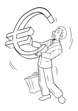 Cartoon illustration of a businessman holding a huge Euro symbo