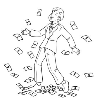Cartoon illustration of a businessman rained for money