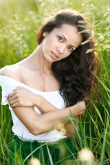Fototapeta premium beautiful elegant brunette girl in a field