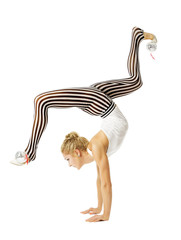 Gymnast woman flexible body standing on arms, training stretchin