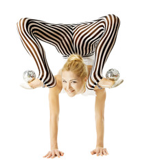 circus gymnast woman flexible body standing on arms upside down, © inarik