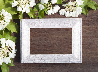 Viburnum flowers and wooden frame on a wooden background for con