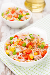 salad with corn, green peas, rice, red pepper and tuna