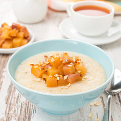 semolina with caramelized peaches, close-up