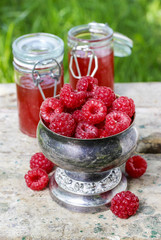 Raspberries in vintage silver goblet