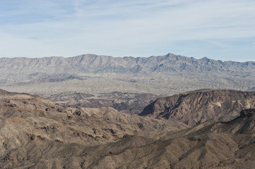 A dry desert view on a sunny day from a helicopter.