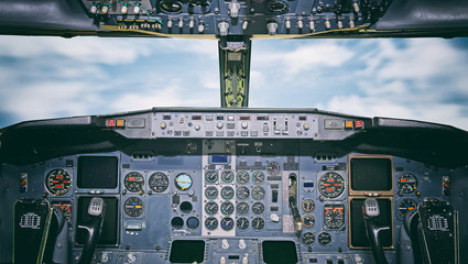 Aircraft dashboard. View inside the pilot's cabin. - obrazy, fototapety, plakaty