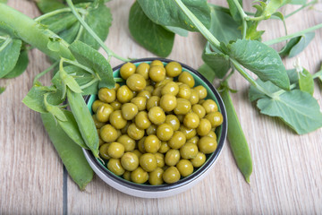 Boiled green peas, pods and branches