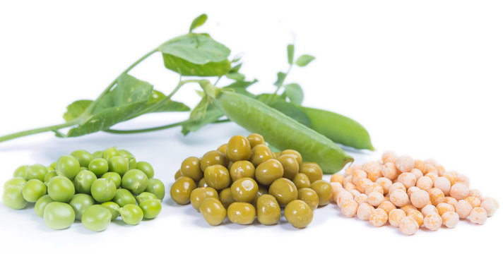 three types of green peas - raw, canned and dry