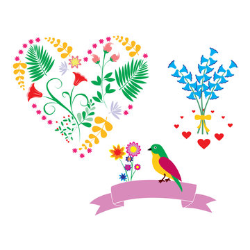 Elements for design: flowers, parrot, heart.