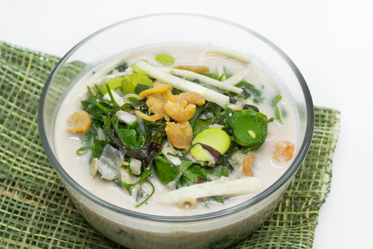 Coconut milk soup with gnetum gnemon and bamboo shoots,tropical 