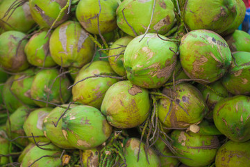 Coconuts heap, food market Thailand