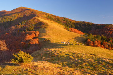 Huts in a mountain. Autumn Landscape