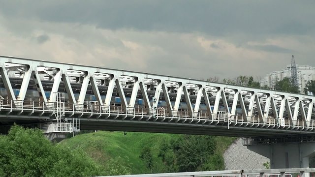 Passing Train over the river bridge of Moscow metro (Myakinino)