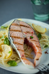 Delicious seafood meal of grilled salmon steak