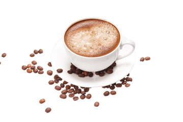 Coffee cup and beans on a white background.