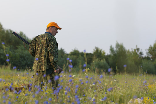 Male hunter with his dog at field hunting quail birds.