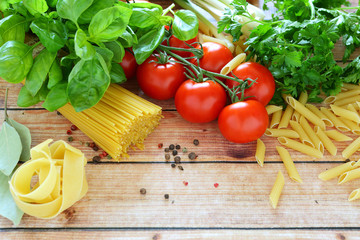 pasta and vegetables on the table
