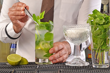 Barman preparando coctel de mohito.