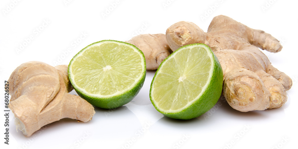 Poster ginger with a lime cut in half