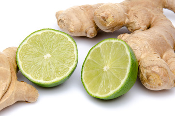 Ginger with a lime cut in half