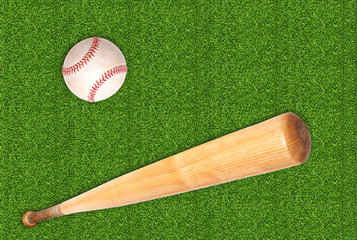baseball ball and bat on green grass background