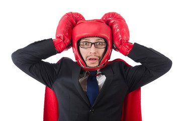 Young businessman boxer isolated on white